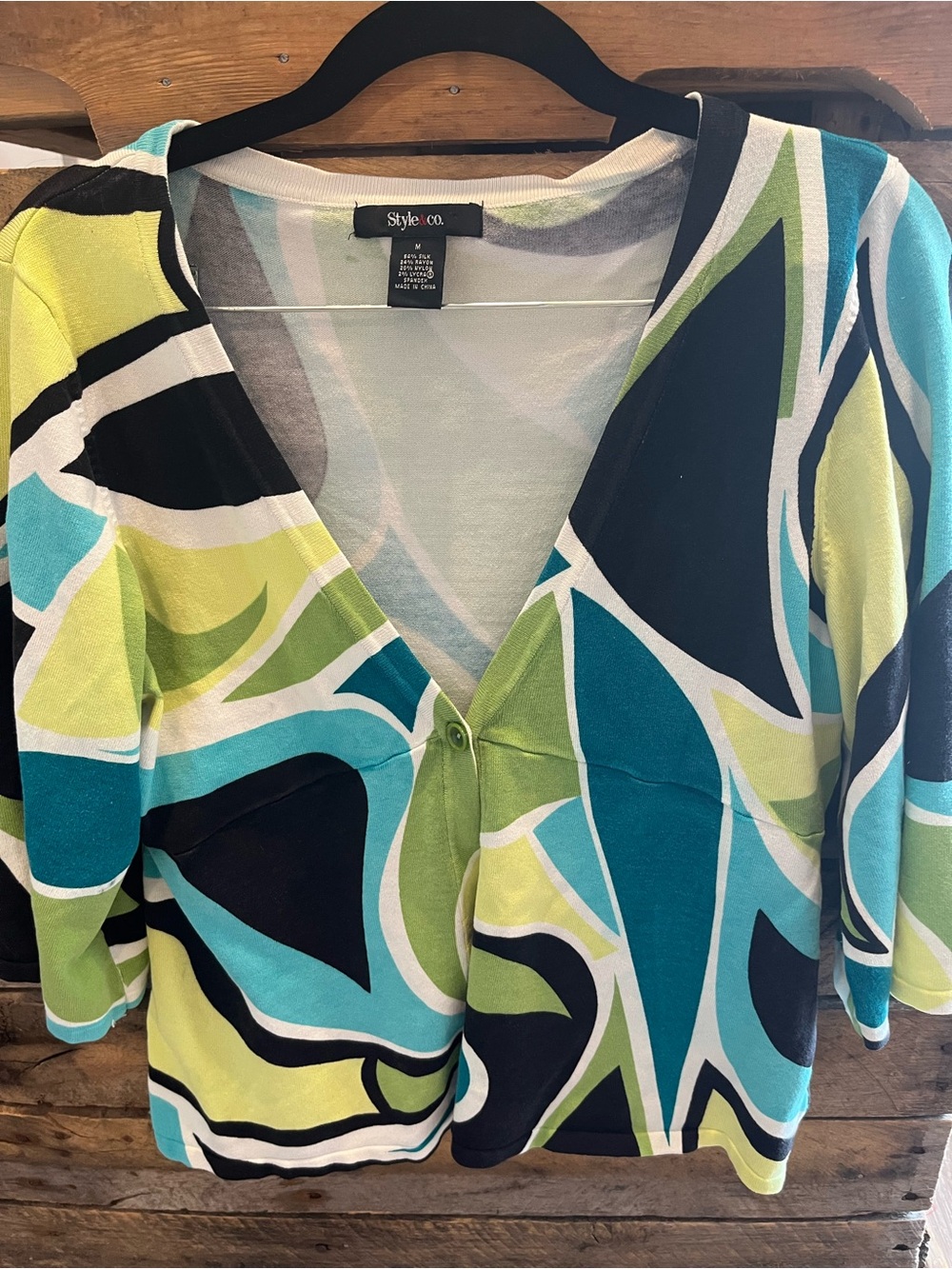 Style & Co. Women’s Teal Green Black Abstract V-Neck 3/4 sleeve cardigan